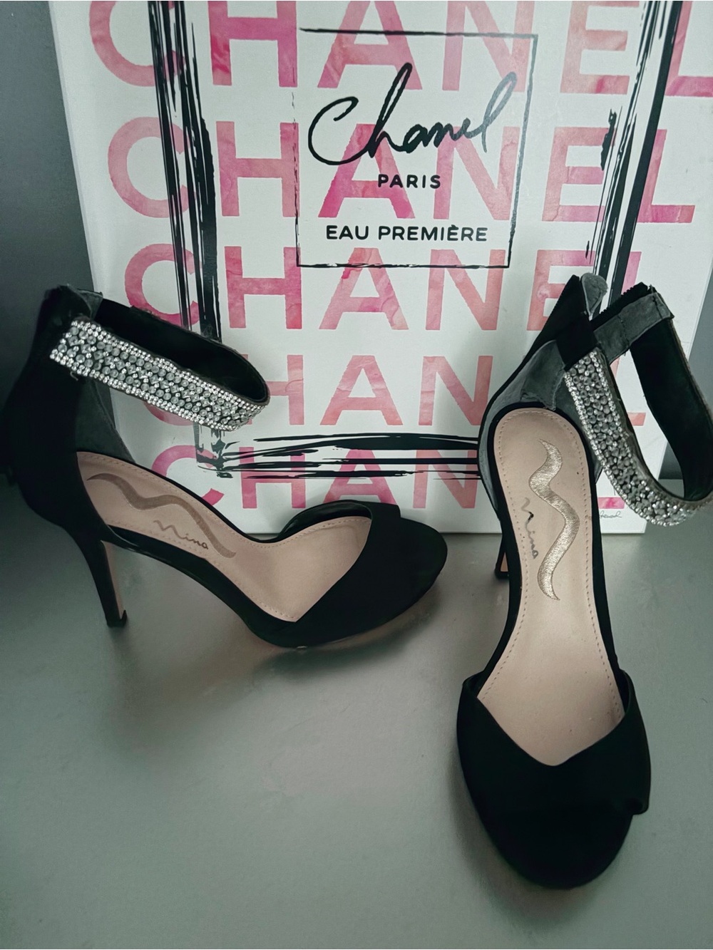 Black Embellished Ankle-Strap Women's Heels